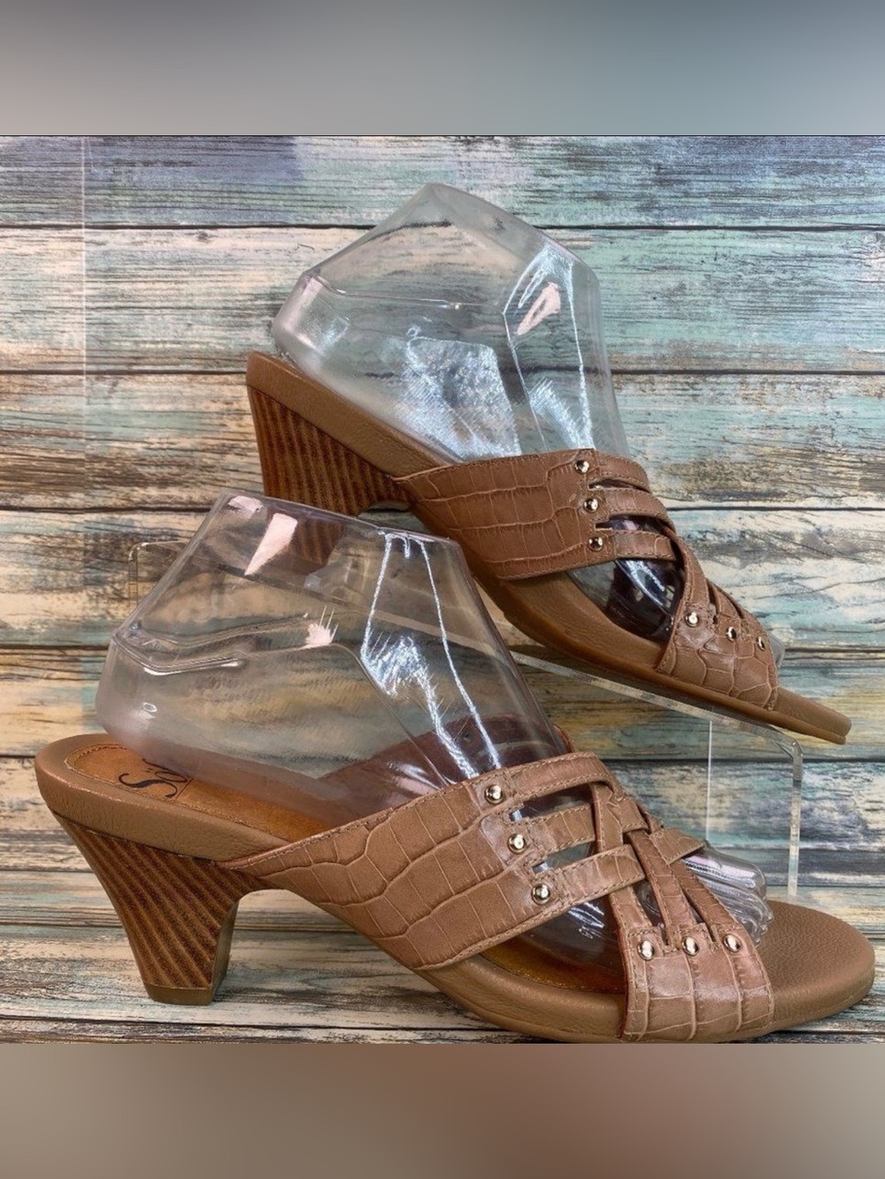 Sofft Brown Leather Slide Sandals Open Toe Block Heel Casual Dress Womens 8.5M